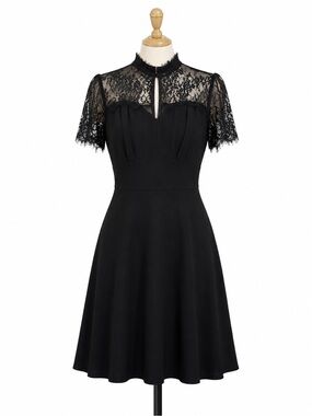Iwemek Black Lace Overlay Keyhole Neck Fit & Flare Dress